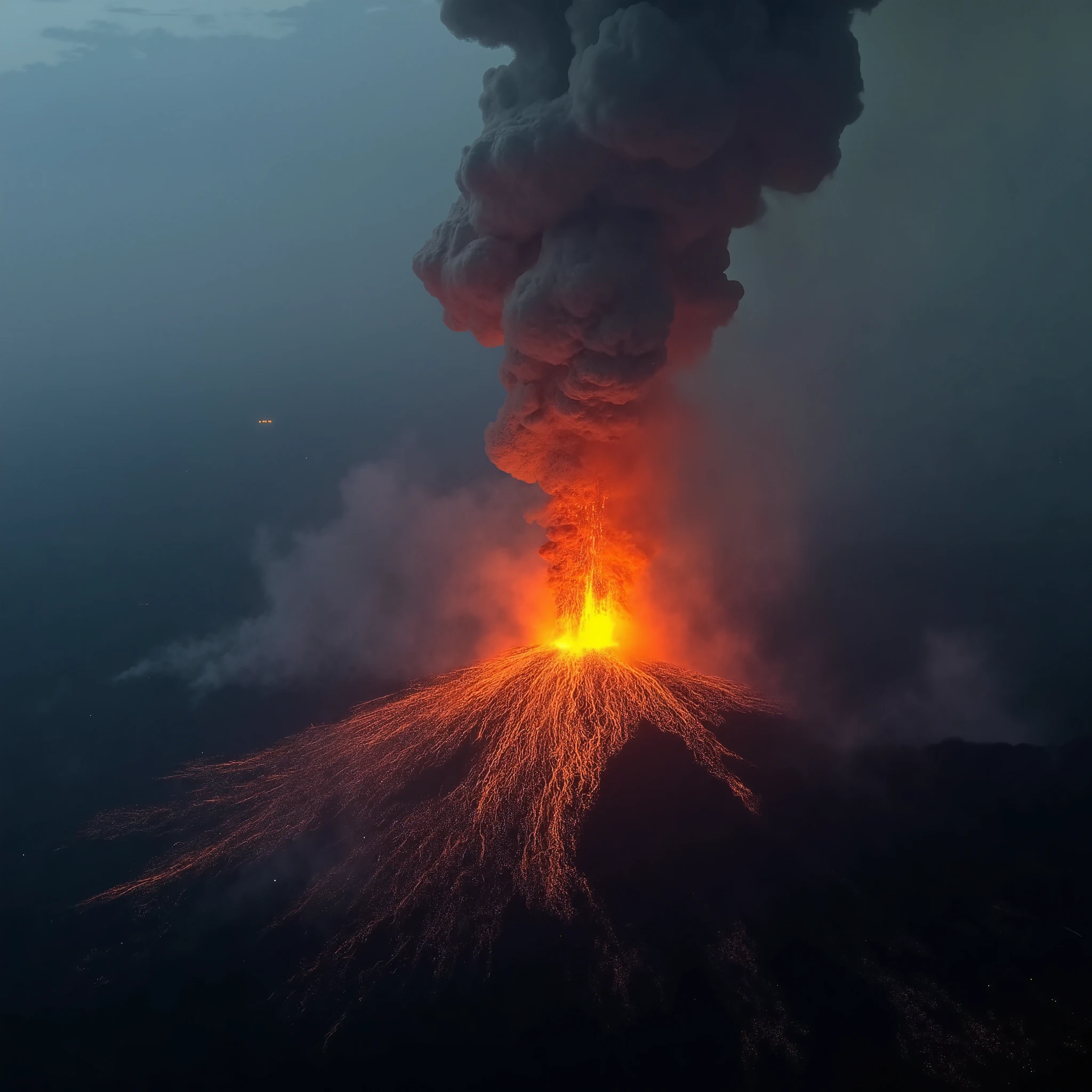 volcano, Lava eruption, grey gas eruption, large amount of dust, The volcano is covered in lava, sputtering lava, Sony FE GM, satellite image, high detail, chiaroscuro, UHD, 1080P