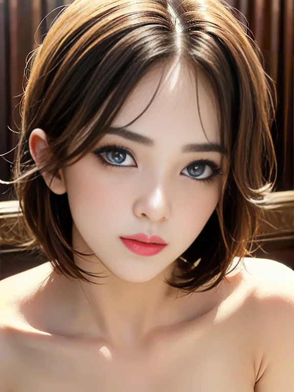 Front view photo of a beautiful woman、Close-up of face、Brown eyes、Three white eyes、 Elegant Shortcut Hair、(a masterpiece portrait of a woman with ultra detailed features, in 8K resolution, with crisp quality and vibrant colors), 