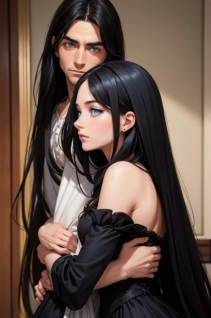 a man with medium-length black hair and black hair, a hooked nose. He hugs a young woman with long brown hair and blue eyes, she has a straight nose. They have a very light skin color, almost white. At the back is a dark Gothic house of rich people from the 18th century. The characters themselves are dressed in the closed dark clothes of the aristocrats of the 1980s. Realistic style --v 6.1