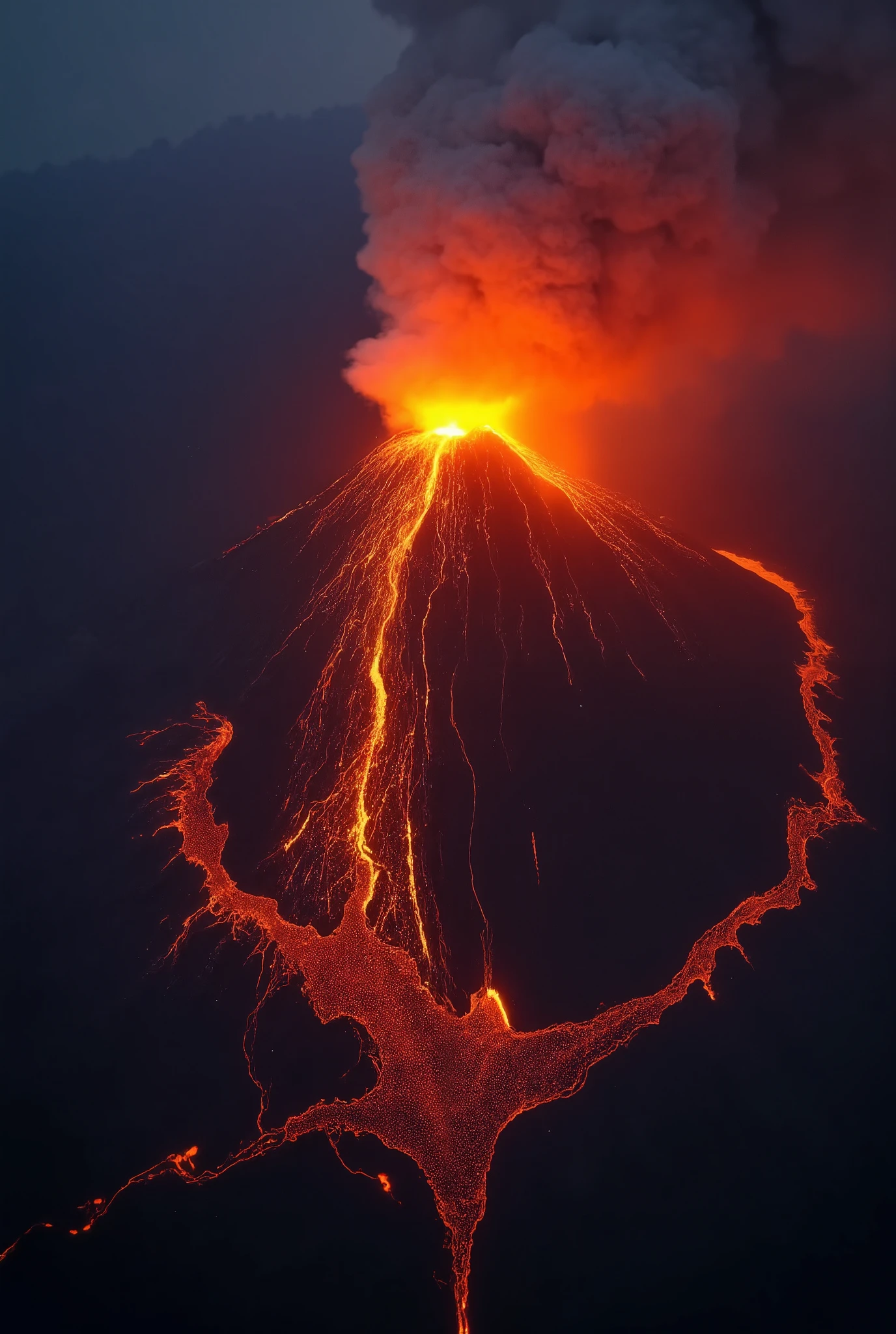 a volcanic eruption, a large amount of volcanic dust, lava flows covering the volcano, sputtering lava, dramatic chiaroscuro lighting, ultra-high definition, hyper-realistic, satellite image, Sony FE GM lens, 1080p