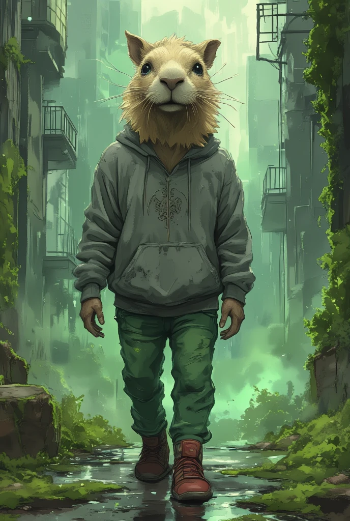 (fantasy realism, urban setting, highly detailed textures) | A “humanized ((capybara))” portrayed as a mysterious wanderer in a moss-green urban setting. She wears a weathered gray sweatshirt with subtle enchanted runes etched into the fabric, greenish jeans, and sturdy red sneakers. Her hands rest in her pockets, and her head is tilted slightly, her longer snout giving her a wise and contemplative appearance. The background features a blend of modern urban architecture with overgrown moss and vines, suggesting a post-apocalyptic fantasy world. The atmosphere is moody, with a soft green glow and faint mist adding depth and intrigue to the scene. (cinematic atmosphere, fantasy textures, realistic lighting effects) | Tags: humanized capybara | urban fantasy | mystical details | post-apocalyptic vibe.