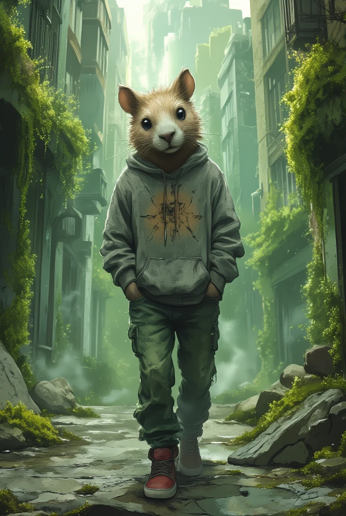 (fantasy realism, urban setting, highly detailed textures) | A “humanized ((capybara))” portrayed as a mysterious wanderer in a moss-green urban setting. She wears a weathered gray sweatshirt with subtle enchanted runes etched into the fabric, greenish jeans, and sturdy red sneakers. Her hands rest in her pockets, and her head is tilted slightly, her longer snout giving her a wise and contemplative appearance. The background features a blend of modern urban architecture with overgrown moss and vines, suggesting a post-apocalyptic fantasy world. The atmosphere is moody, with a soft green glow and faint mist adding depth and intrigue to the scene. (cinematic atmosphere, fantasy textures, realistic lighting effects) | Tags: humanized capybara | urban fantasy | mystical details | post-apocalyptic vibe.