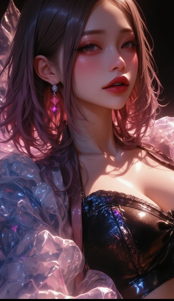 (best quality, masterpiece, colorful, dynamic angle, highest detailed) upper body photo, fashion photography of cute,  pink hair with teal highlights, torn victorian dress,(ultrahigh resolution textures), in dynamic pose, bokeh, glowing web, (intricate details, hyperdetailed:1.15), detailed, light passing through hair, colorful art flat background(official art, extreme detailed, highest detailed), calmart, revealing clothes, coquettish, sexy action pose, living clothes, shiny skin, dripping in fluids, sticky fluids on skin,, calmart