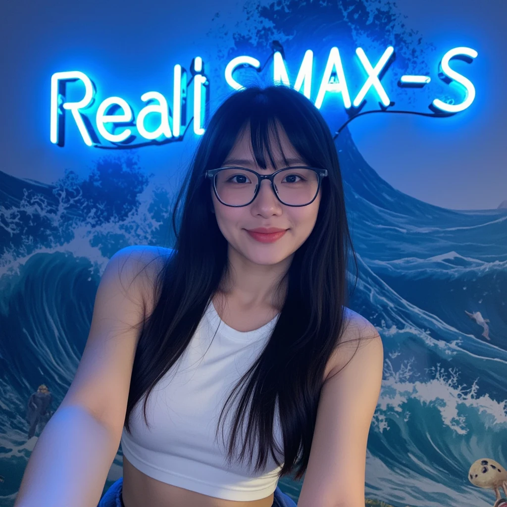 amateur shot, above her creative text big neon blue light read "rRealisMAX-S" . a pov of taking an instagram selfie a woman , againts a wave paterned wall , without make up, slight smile with slight open mouth, she has long black hair with bangs, wearing square glasses, wearing white ocean crop top,natural face , pale skin, sea themed clothes