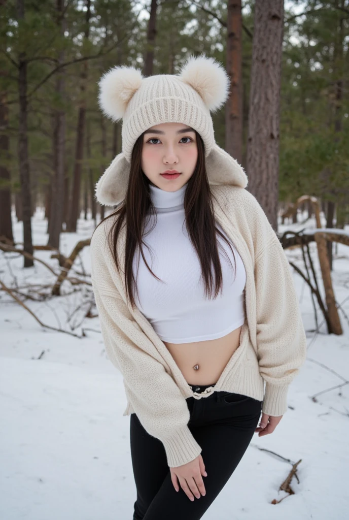 A young woman, likely in her teens or early twenties, is in a wooded area. 


She is wearing a light beige/cream-colored knitted hat with faux fur pom-poms and earflaps. Underneath, she is wearing a white turtleneck sweater that is slightly pulled away from her chest. Black leggings are pulled down to her knee , light-colored winter boots.  Her hair is long and a dark brown color, and she's wearing a small stud earring in her navel.


The background is a wintry forest, with tall pine trees and fallen branches and leaves. 


The setting suggests a cold weather day. The woman's pose is casual and slightly suggestive.  The focus is primarily on the woman, with the forest providing a backdrop.