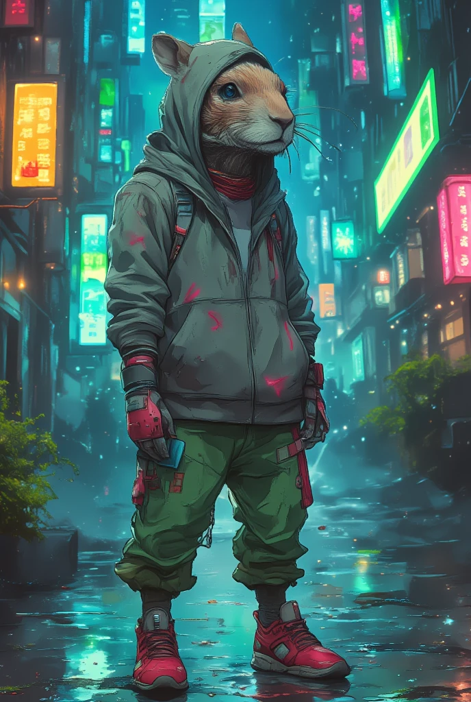 (ultra-detailed, cyberpunk aesthetic, 4K UHD, realistic textures) | A futuristic depiction of a “humanized capybara”, dressed in a gray hoodie with glowing neon patterns, metallic green pants, and high-tech red sneakers. The character is standing in a relaxed posture, hands in the pockets of her pants, while her head is turned slightly to the side, highlighting a longer, angular snout adorned with cybernetic implants. The background is a dimly lit urban scene, filled with vivid neon lights, holographic projections, and a moss-green glow illuminating the surroundings. The textures on her clothing blend futuristic fabrics with organic elements, creating a seamless mix of natural and synthetic. (cinematic lighting, hyper-realistic textures, dynamic composition) | Tags: humanized capybara | cyberpunk cityscape | neon glow | futuristic clothing | anthropomorphic character.