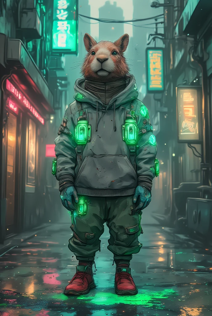 (ultra-detailed, cyberpunk aesthetic, 4K UHD, realistic textures) | A futuristic depiction of a “humanized capybara”, dressed in a gray hoodie with glowing neon patterns, metallic green pants, and high-tech red sneakers. The character is standing in a relaxed posture, hands in the pockets of her pants, while her head is turned slightly to the side, highlighting a longer, angular snout adorned with cybernetic implants. The background is a dimly lit urban scene, filled with vivid neon lights, holographic projections, and a moss-green glow illuminating the surroundings. The textures on her clothing blend futuristic fabrics with organic elements, creating a seamless mix of natural and synthetic. (cinematic lighting, hyper-realistic textures, dynamic composition) | Tags: humanized capybara | cyberpunk cityscape | neon glow | futuristic clothing | anthropomorphic character.