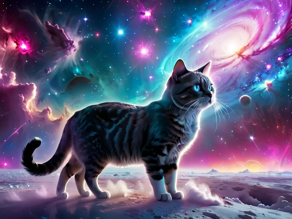 A very beautiful cat ,  walks around the galaxy