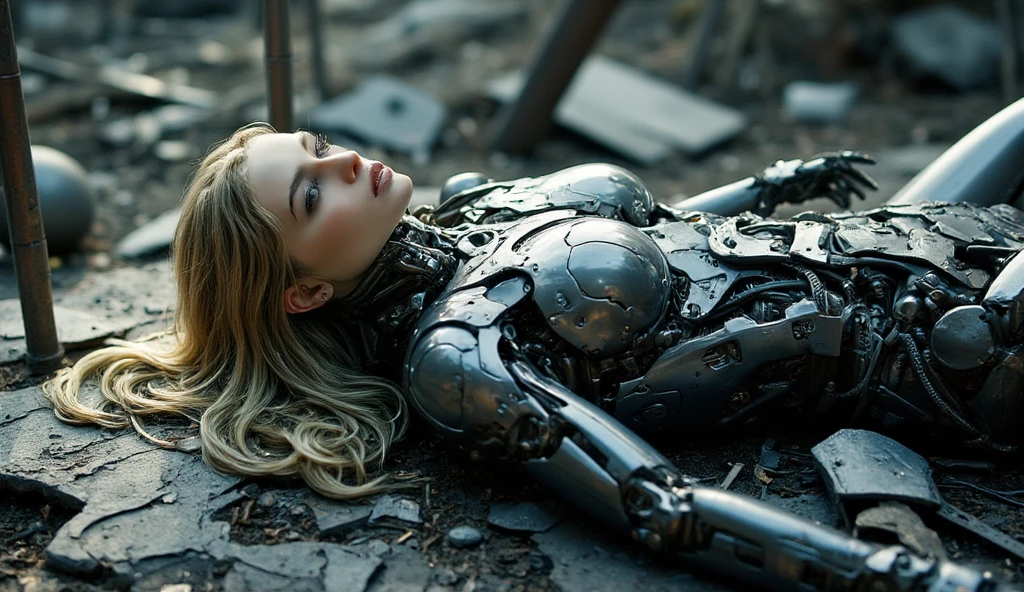 ((masterpiece)) ((photography)) ((Highest quality)) A view from above futuristic cyborg fallen angel woman with sleek silver robotic armor and intricate mechanical details is laying in her back amidst a post-apocalyptic urban landscape. She has long, straight blonde hair and angelic wings made of metal that blend seamlessly with her armor. The environment is filled with debris and ruins of a once-bustling city, with soft light filtering through the wreckage, illuminating her serene expression. The atmosphere conveys a blend of beauty and desolation, highlighting the contrast between her delicate features and the harsh surroundings.