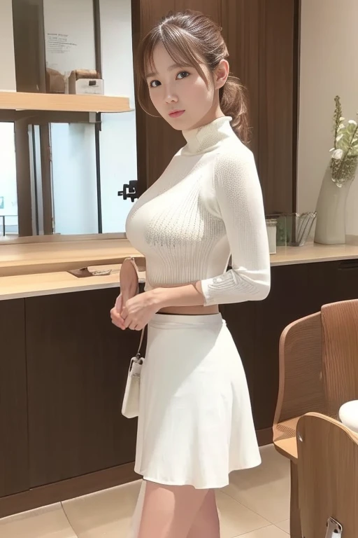  sandy beach、walk、 sandy beach女性、Straight face、 young woman、cute、 beauty、( composition seen from the side , shot from the side)、Wavy Ponytail、Brown Hair、Big Breasts、 Big Breasts 、(Summer knitwear、Lightweight knit:1.3),(White Skirt、 thin long skirt:1.5),( thin fabric clothes to hold your chest with your hands、Make your skirt popular :1.2)、 Highlight Your Body Line 、 clothes with clear body lines 、Pai Slash (Boobstrap)、crossbody bag、(windy skirt:1.2)、( office、Kitchen:1.6)、 anatomically correct、 Photorealistic