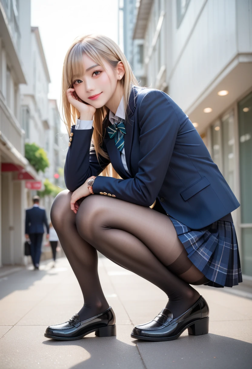 (Raw photography、top-quality、masterpiece:1.2、realisitic、Photorealsitic、highcontrast、photon maping、photon maping、Photorealsitic、ultra-detailliert、profetional lighting、low angles:1.2)、(1 girl in)、(独奏:1.5)、(full body Esbian)、(Height is 165 cm)、(18-year-old schoolgirl)、(Shinjuku at night Japan)、(Sidewalk lined with shops)、(Japan high school uniform and designated shoes)、(Dark blue blazer:1.2)、(short plaid skirt:1.5)、(White shirt for students)、 (neck tie:1.2)、(Looking at the front and squatting with the crotch open)、(MCharacter opening leg)、(Opening legs)、(crotch open:1.2)、(Light brown medium hair)、(White panties made of cotton:1.5)、(cammel toe)、(Black loafers:1.5)、(beauitful face:1.3)、(perfectly proportions:1.2)、(Long feet:1.2)、(Colossal tits:1.3)、(Panties can be seen from under the skirt:1.8)、(Textured skin)、