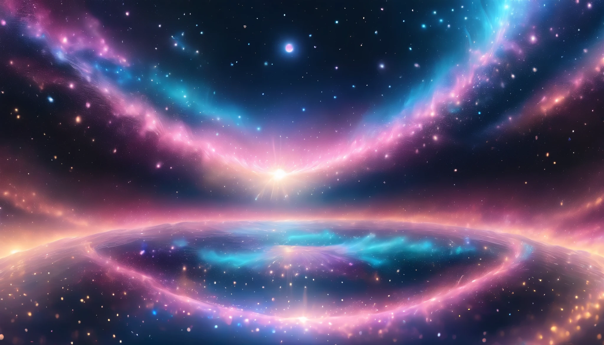 A surreal cosmic scene with ethereal waves of light in shades of pink, teal, and lavender flowing like ribbons across the sky. A glowing spiral nebula radiates softly in the background, while a crescent planet with shimmering golden rings hovers in the foreground. Tiny stars sparkle vividly, creating a magical celestial ambiance