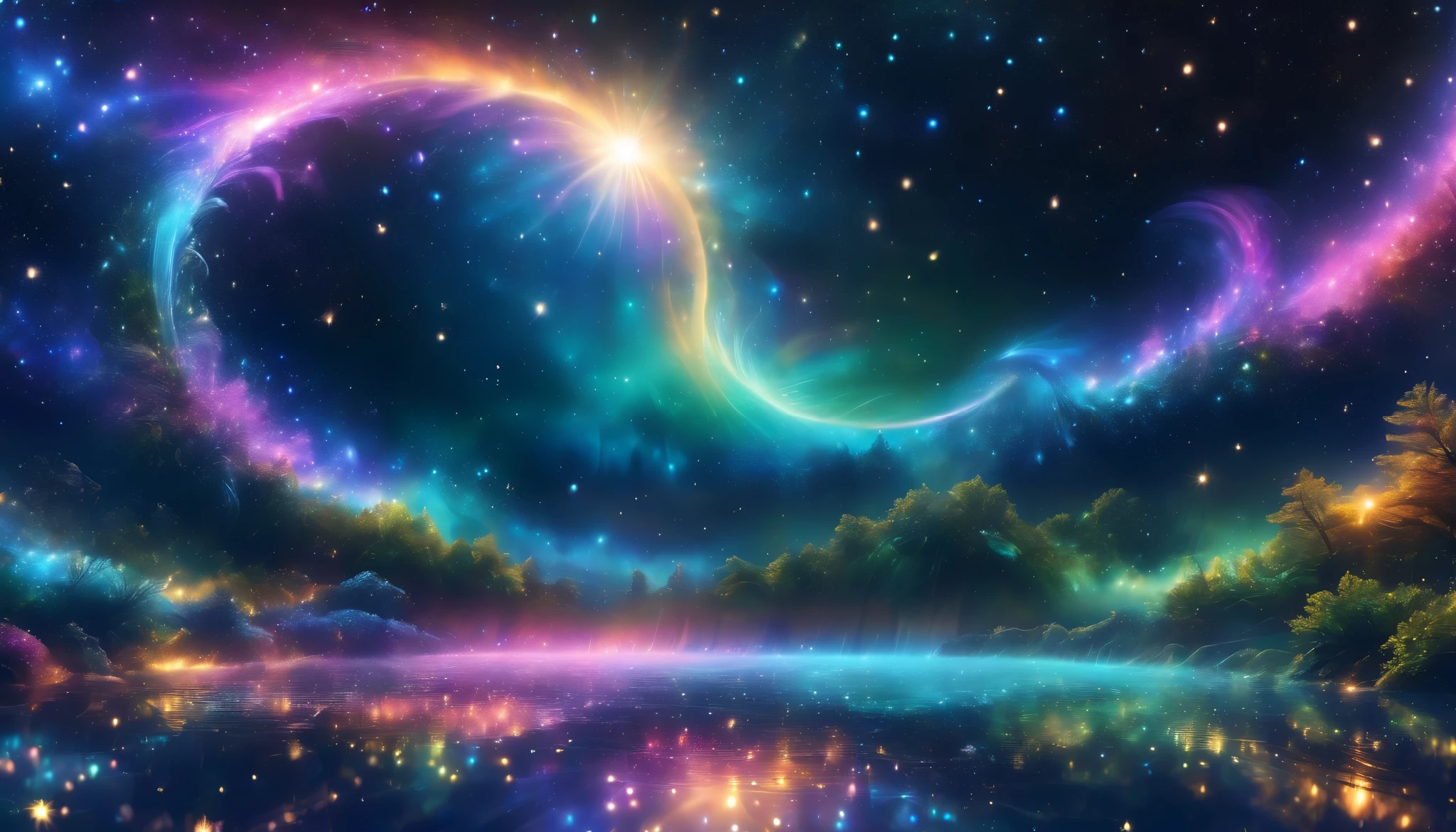 A mystical universe with vibrant auroras in hues of emerald, indigo, and amethyst dancing in graceful arcs. In the background, a faint, radiant nebula casts a gentle glow, while a crescent planet with intricate, glowing rings dominates the foreground. Scattered stars twinkle like celestial fireflies, enhancing the scene's dreamy quality.