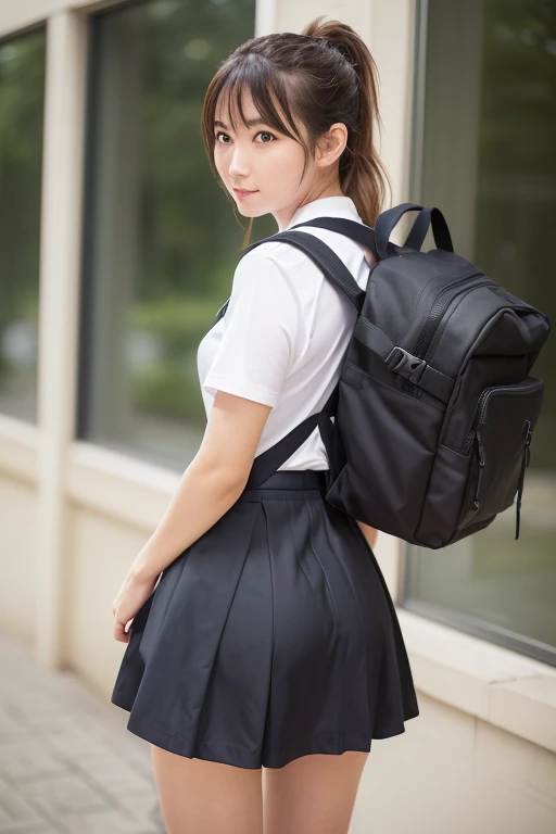 ( back view:1.3), ponytail、女子 College Student 、 high school uniform 、 College Student 、 skirt、( skirtが捲れる:1.25)、 rucksack、黒いカジュアルな rucksack、( skirtが上がる、 rucksackに skirtが挟まる:1.4),Skirt is sandwiched between 、 panties visible), Beautiful Legs 、Beautiful thighs、 beautiful skin in NFSW、 、 Photorealistic、 anatomically correct、( skirtが捲くれる:1.4)、( skirtの裾が鞄に食い込む:1.2)