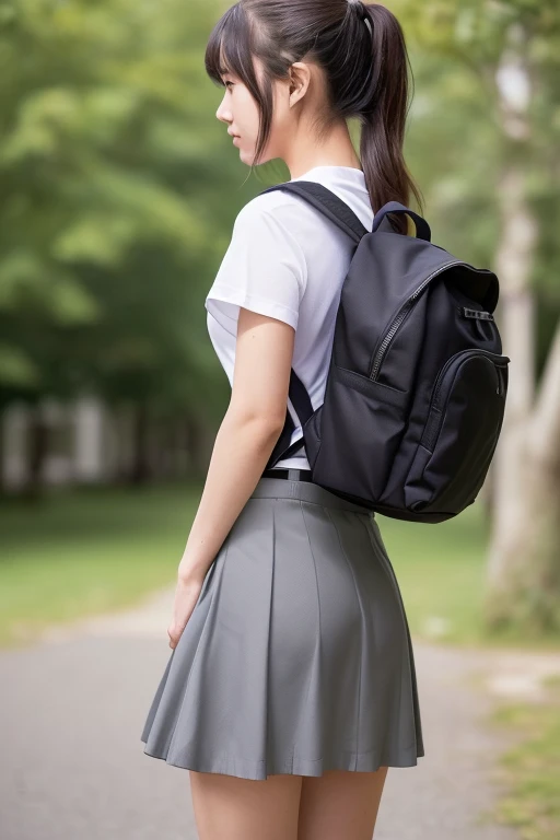 ( back view:1.3), ponytail、女子 College Student 、 high school uniform 、 College Student 、 skirt、( skirtが捲れる:1.25)、 rucksack、黒いカジュアルな rucksack、( skirtが上がる、 rucksackに skirtが挟まる:1.4),Skirt is sandwiched between 、 panties visible), Beautiful Legs 、Beautiful thighs、 beautiful skin in NFSW、 、 Photorealistic、 anatomically correct、( skirtが捲くれる:1.64)、( skirtの裾が鞄に食い込む:1.4)