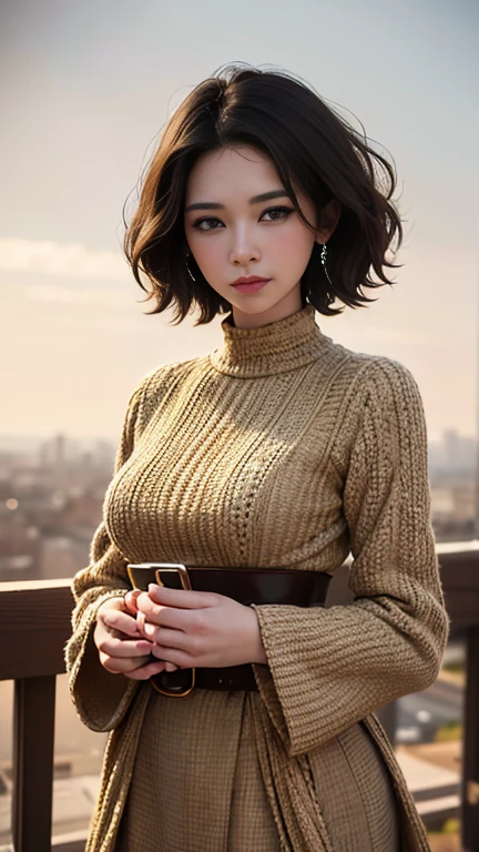  pictures of beautiful women、 Career Woman 、OL、A woman wearing a long-sleeved blouse and a long skirt with a belt、 Cowboy Shots、background:Office District、 walking this way 、smile、ボケたbackground、 Elegant Shortcut Hair、(a masterpiece portrait of a woman with ultra detailed features, in 8K resolution, with crisp quality and vibrant colors), anatomically correct hands、