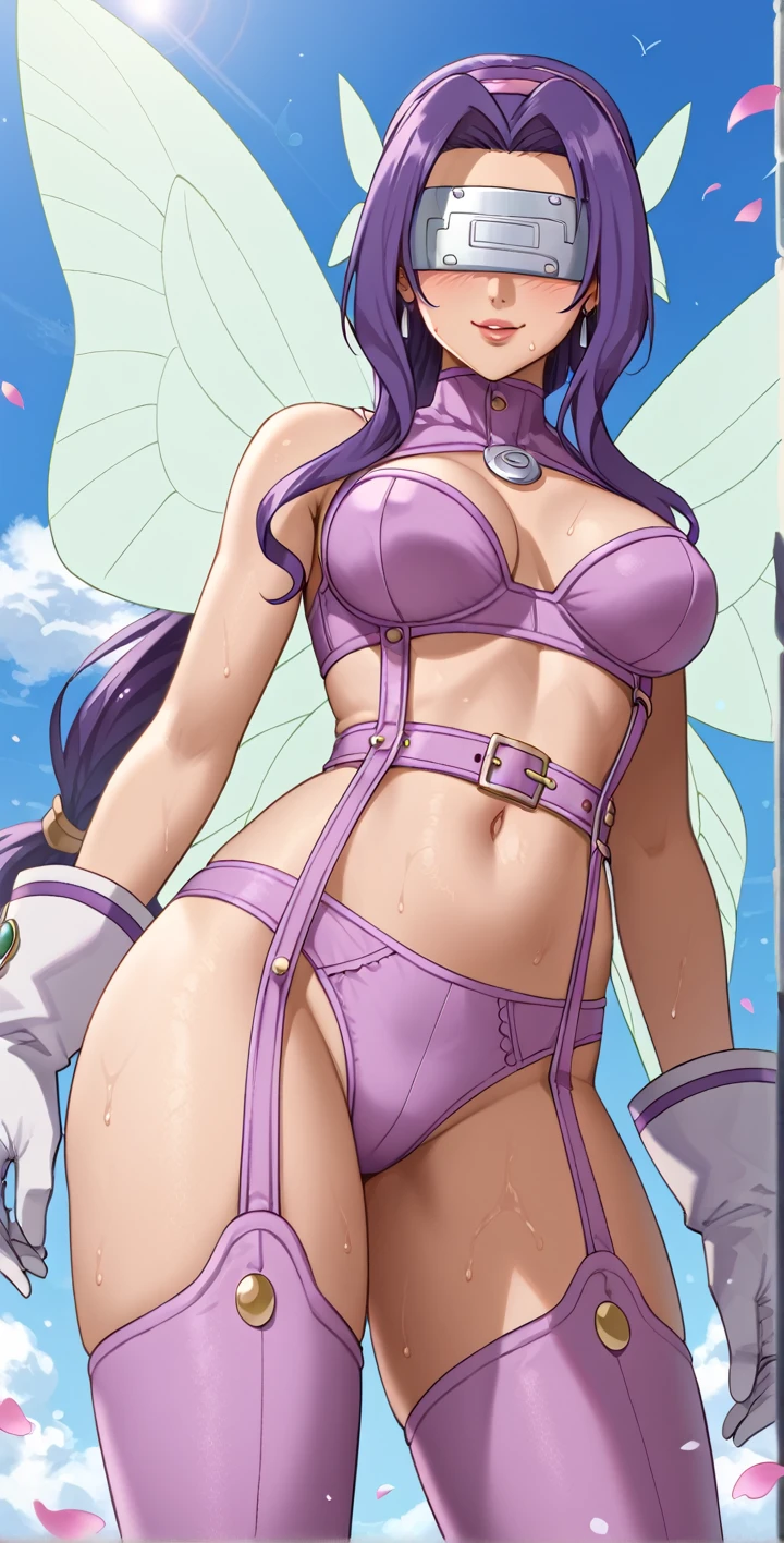 kazemonwz, kazemon, visor, purple hair, very long hair, digimon (creature), hair ornament, covered eyes, purple bikini, garter straps, purple belt, thigh boots, purple hairband, white gloves, butterfly wings, catalyst type, ropa mojada, transparente, LENCERIA MUY DIMIINUTA Y DELGADA, PIEL SUAVE, PALIDA,blanca, catalyst type, catalyst type,"cadera ancha, culo grande, En una atmósFEra de misterio y sofisticación,  stands out ,  wrapped in an air of elegance and A woman of stunning beauty . Her long morado hair ,  as dark as the night itself ,  falls in soft, flowing waves , with delicate silver flower headbands and crystal petals ,  that shines softly with the light that surrounds her figure . his eyes,  of a deep shade like obsidian ,  reflect an intriguing glow ,  while her lips curl a subtle smile full of mystery ,  an expression of calm and confidence .The woman wears a set of haute couture lingerie ,  who accentuate her slender and curvaceous figure . ,  adorned with a thin tulle hem that falls in soft folds ,  reflecting a sense of ethereal softness .  The straps of are connected to a satin garter white ,  decorated with fine silver chains ,  that cross over her thighs ,  adding a bold but refined touch to her look .(microwaves 1.4) piel con reflejos de luz, On her legs, un liguero de encaje se ajusta perFEctamente sobre su muslo derecho, Silver chains connect medians ,Score_9, Score_8_up, Score_7_up,  source _anime,slender Tag1 , Tag2, best quality, high quality, detailed, high resolution, 8K,  Ultra High Res , soft saturation, ProFEssional quality, PerFEct contrast, PerFEct litthing, anatomically correct, breasts,  Sensual young ,FE, slim, young FEmale, seductive, sidelocks, air bangs, brown eyes, very curvy, hot, sweating,  Sweaty BREAK low-angle view , on back, laying,wet hair, wet bodyLooking at the viewer