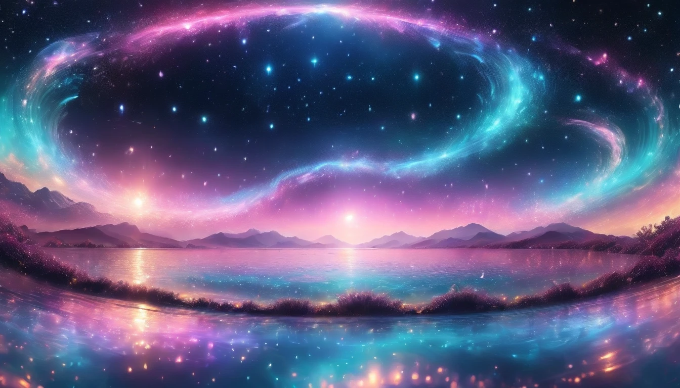 A surreal cosmic scene with ethereal waves of light in shades of pink, teal, and lavender flowing like ribbons across the sky. A glowing spiral nebula radiates softly in the background, while a crescent planet with shimmering golden rings hovers in the foreground. Tiny stars sparkle vividly, creating a magical celestial ambiance