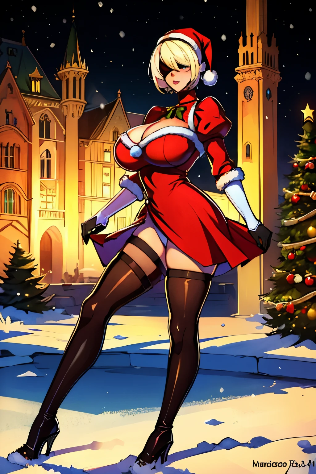 masterpiece, best quality, 1girl,, cuerpo completo , grandes tetas, gran trasero, voluptuoso, piernas abiertas , pose sexy , escote , Christmas hat , Christmas Clothes, nieve , christmas lingerie, christmas coat , christmas stockings , christmas heels