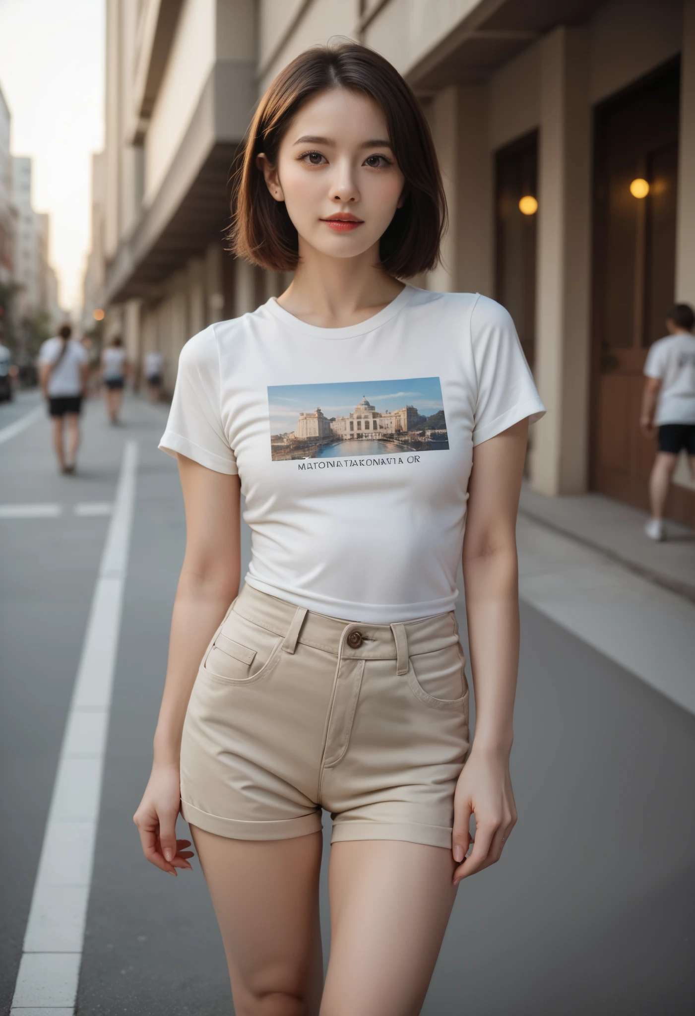 Masterpiece, ultra-high resolution, photo-realistic, realistic skin details, realistic clothing details, cinematic lighting, ray tracing, -yeld gi lot cut, white T-shirt, shorts,