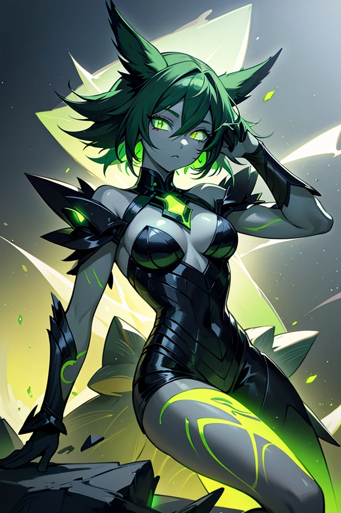 anime woman with black skin like onyx with glowing lime hair with hairstyle of hime cut and green glowing eyes with green tattoos wearing black fantasy clothes