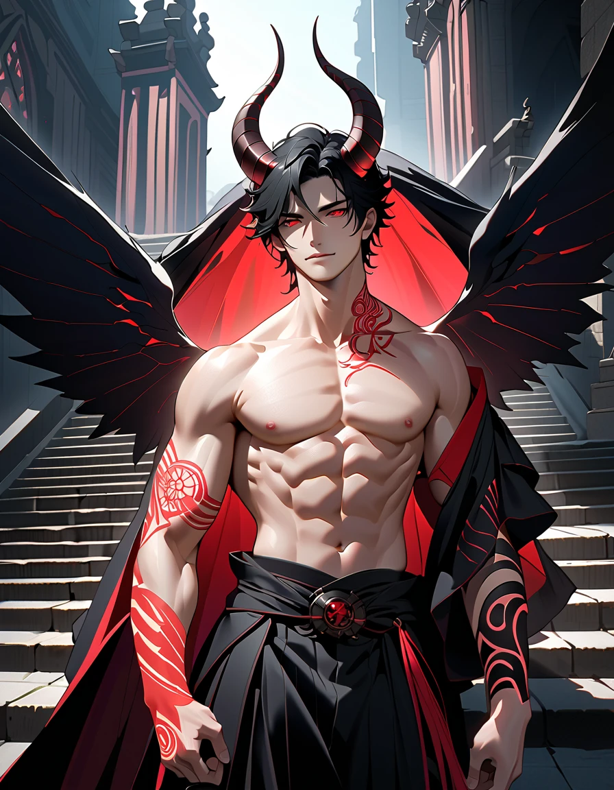 Male focus, the subject of the image is a man. short black hair. red eyes. 30歳の成熟したmale　Devil&#39;s Wings　背景はDark Cathedral　8k,  complicated,  elegant ,  Altamente detallado , Majestic,  high image quality　Careful application, (masterpiece, Yokomitsu,  beautiful and delicate eyes on outdoor stairs: 1.2),  high definition , (Glowing red eyes)),  shirtless, (Shining Tattooing ),  handsome, Black Hair, muscle, ,  Devil's Big Horn ,  Fine Horns with Aesthetic Ratio, ,  handsome, , masterpiece, whole body　Devil&#39;s Wings　Bad Smile　male　Devil&#39;s Wings　Dark Cathedral　8k,  complicated, (masterpiece, Yokomitsu,  beautiful and delicate eyes on outdoor stairs: 1.2),  high definition , (Glowing red eyes)),  shirtless, (Shining Tattooing ),  handsome, Black Hair, ,  Devil's Big Horn ,  Fine Horns with Aesthetic Ratio, ,  handsome, , masterpiece, whole body　Devil&#39;s Wings　　anime　Bad Smile