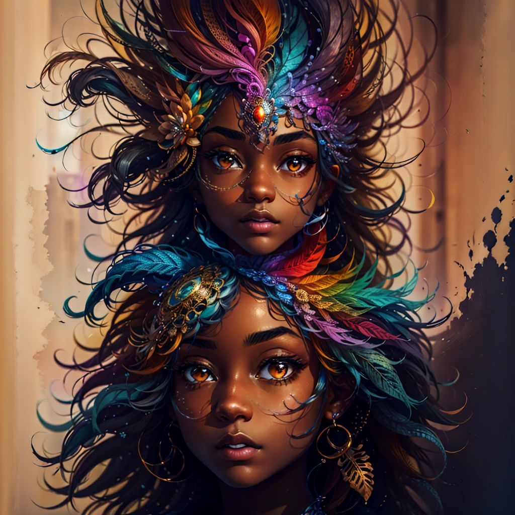 colorhalf00d,, top-down view of a gabrielle uniyon, black woman, feathers, acceptance vibrant, beautiful, intricate, detailed