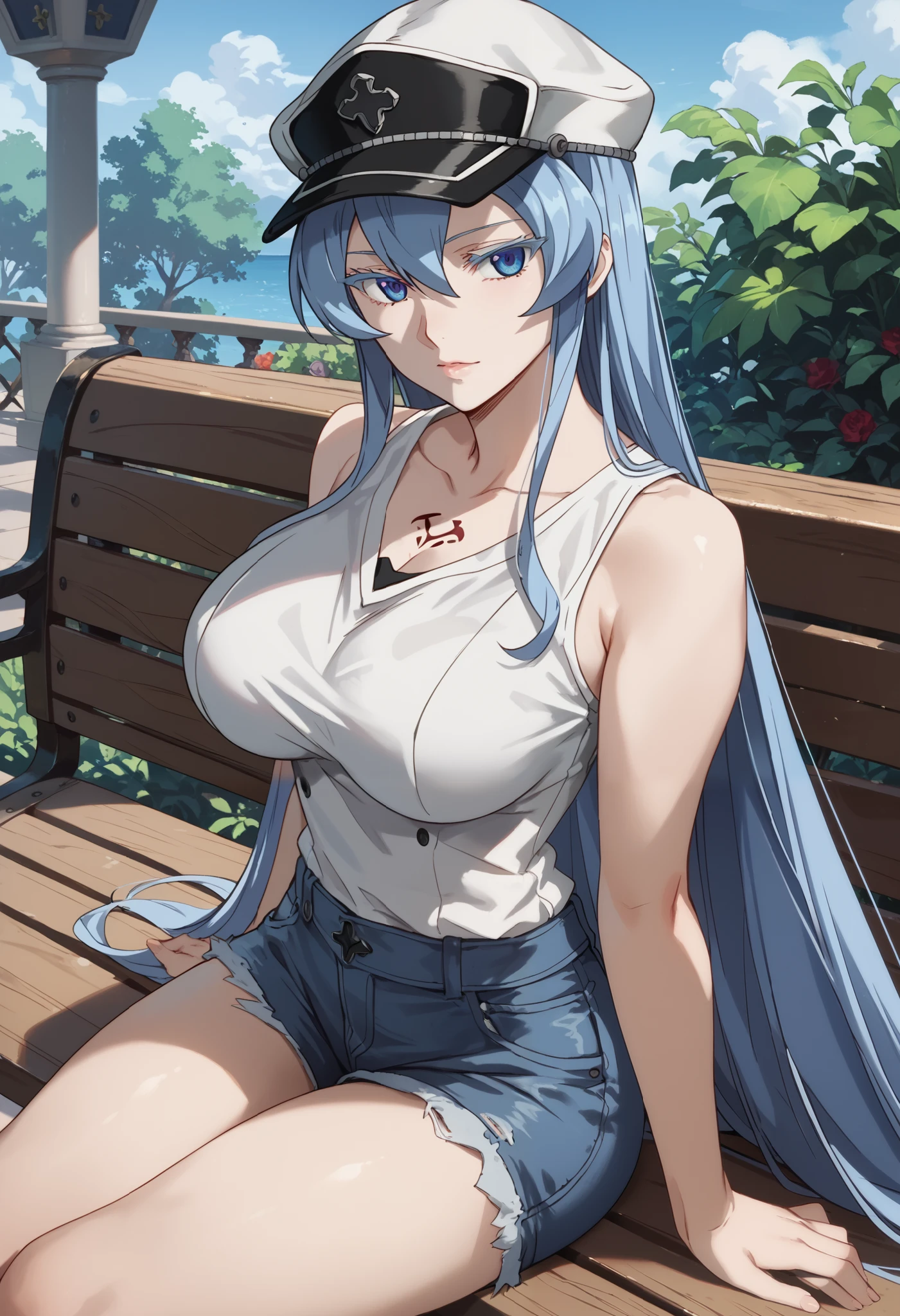 esdeath, blue eyes, blue hair, long hair, BIG BREASTS, eyelashes, red face,  looking at viewer , black hair, old-school swoop haircut,white T-shirt sleeveless ,blue jean shorts, emerald eyes, sitting on a bench, hat