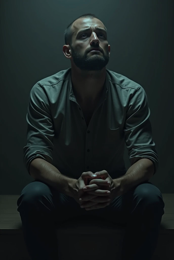 Man praying on the floor in a dark room with a light coming from above
