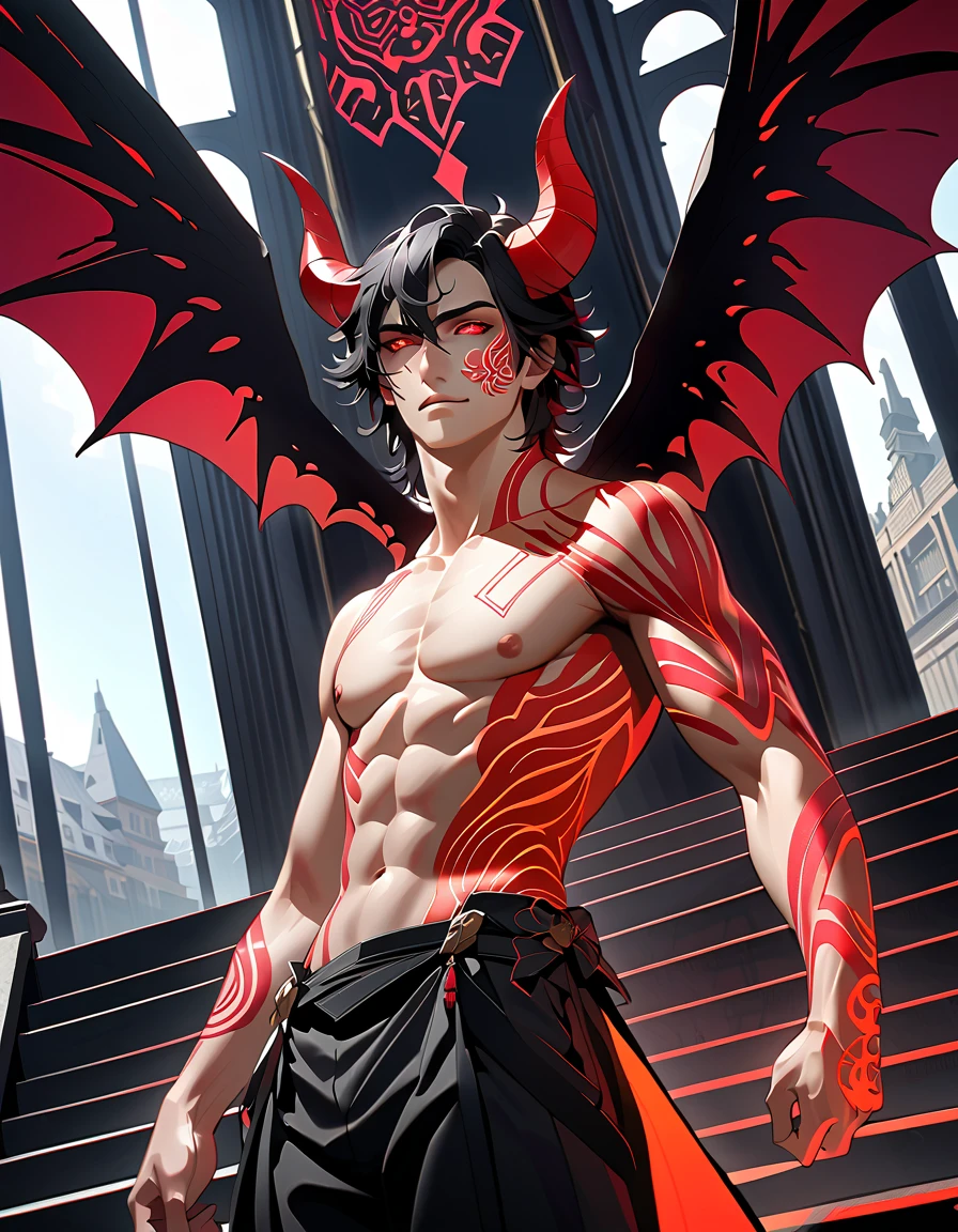 Male focus, the subject of the image is a man. short black hair. red eyes. 30歳の成熟したmale　Devil&#39;s Wings　背景はDark Cathedral　8k,  complicated,  elegant ,  Altamente detallado , Majestic,  high image quality　Careful application, (masterpiece, Yokomitsu,  beautiful and delicate eyes on outdoor stairs: 1.2),  high definition , (Glowing red eyes)),  shirtless, (Shining Tattooing ),  handsome, Black Hair, muscle, Cowboy Shots, ,  handsome, , masterpiece, whole body　Devil&#39;s Wings　Bad Smile　male　Devil&#39;s Wings　Dark Cathedral　8k,  complicated, (masterpiece, Yokomitsu,  beautiful and delicate eyes on outdoor stairs: 1.2),  high definition , (Glowing red eyes)),  shirtless, (Shining Tattooing ),  handsome, Black Hair, ,  Devil's Big Horn ,  Fine Horns with Aesthetic Ratio, ,  handsome, , masterpiece, whole body　Devil&#39;s Wings　　anime　Bad Smile