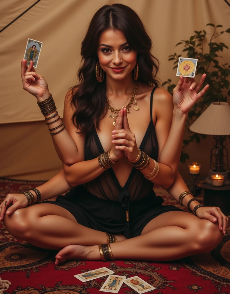 solo, 1girl, mysterious four-armed woman fortune teller, sitting crosslegged on a luxurious rug in a bohemian tent, full body view, smiling and facing the viewer, one hand is holding up a tarot card, the second hand is gesturing, the third hand is resting on her knee, and the fourth hand is touching the rug, she wears a sleeveless revealing camisole and skirt and her long hair is dark and wavy and swept back off of her shoulders, she is wearing hoop earrings and mismatched bracelets and armbands on all four of her arms, (woman with four arms:1.2), (with four arms:1.2), (woman with exactly four arms), barefoot