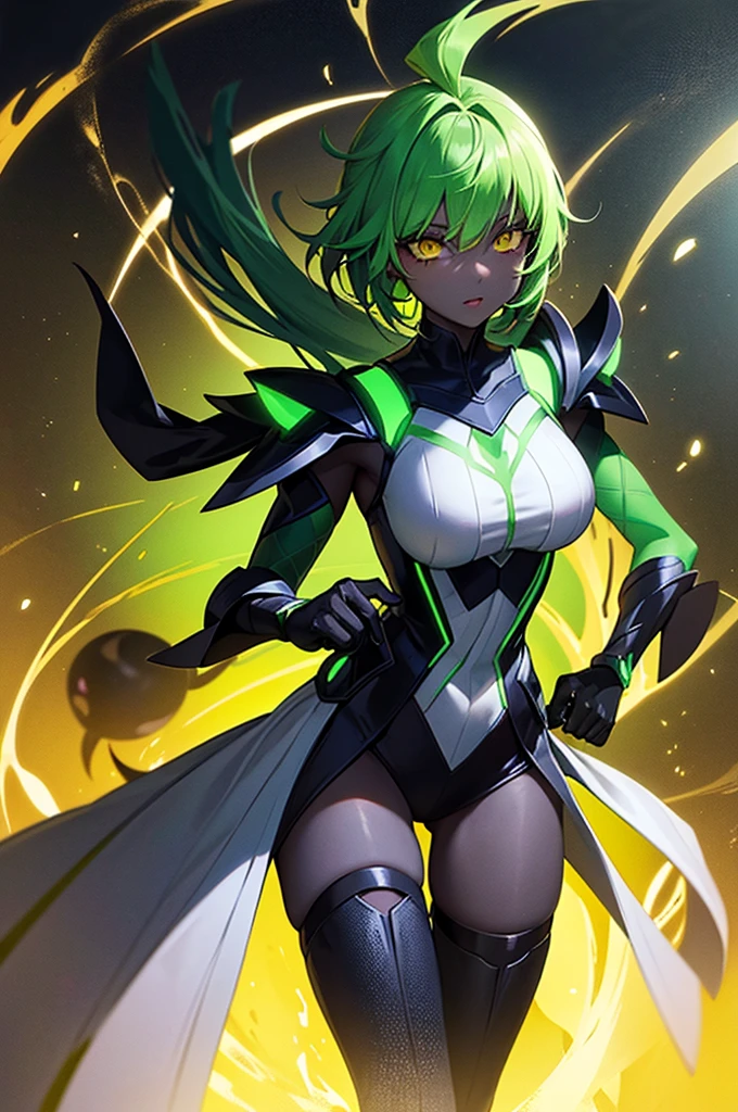 anime woman with black skin like onyx with glowing lime hair with hairstyle of hime cut and green glowing eyes with green tattoos wearing black fantasy clothes