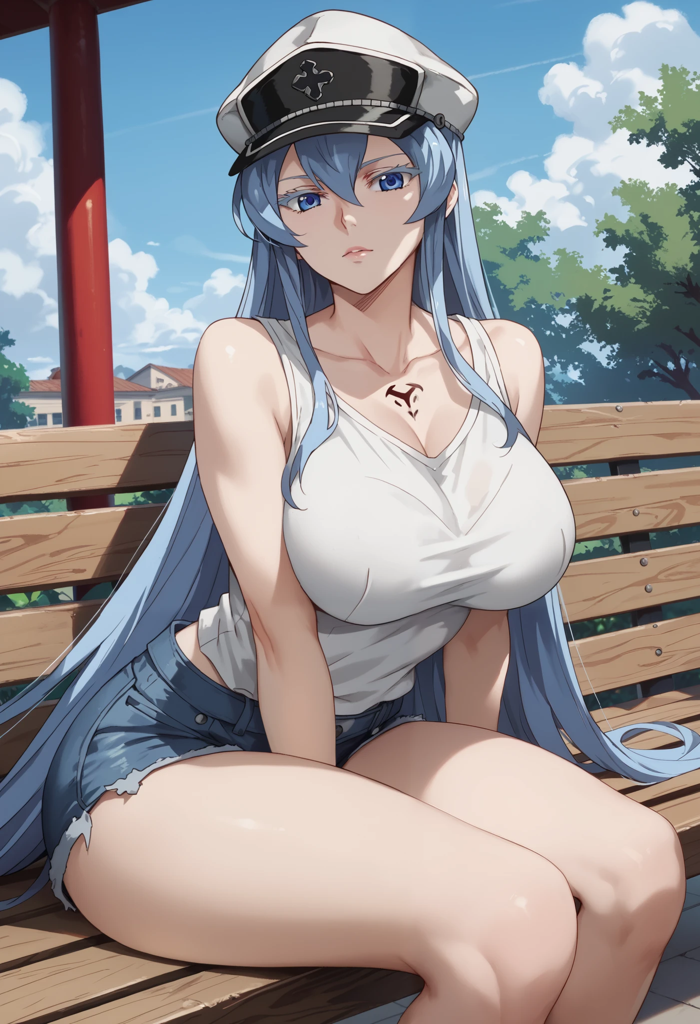 esdeath, blue eyes, blue hair, long hair, BIG BREASTS, eyelashes, red face,  looking at viewer , black hair, old-school swoop haircut,white T-shirt sleeveless ,blue jean shorts, emerald eyes, sitting on a bench, hat