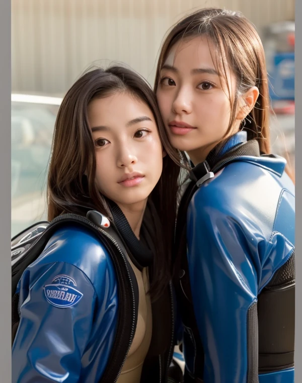 A documentary photo, Photo-realistic, ultra-realistic, (2girls, Japanese beautiful young women, famous Japanese idols, boyish cool faces:1.3), wetlook rubberish azure blue clothes,, they are a military divers of Japan navy, experienced military diver, wearing a professional wetsuits for military divers with professional scuba equipment, they are on a shore, She is preparing to scuba dive for a lifesaving mission, there is a large battle ship behind her,, Natural Makeup, boyish face ,Front View:1.21, Perfect Anatomy:1.21, Small head:1.21, Slender body:1.37, Narrow waist:1.5, Thin limbs:1.5, Flat Chest:1.5, Anatomically correct limbs, Diving Suits warm  wetlook (high smooth turtleneck collar), Fully equipped for diving, Very cute Japanese woman, Brown Hair, Chignon Hair, Calm sea in summer, Dynamic and emotional movie lighting, , Accurate, highest quality, High resolution