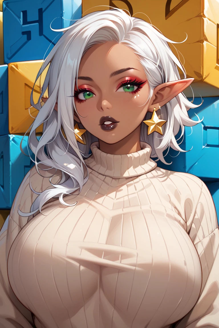 masterpiece, best quality, extreme detail, 8k, image sharpness, Ultra detail hair, beautiful woman, ultra detail face, perfect eyes, perfect face,1girl , pointy ears, white hair, long hair, lipstick, makeup, black eyeshadow, jewellery, bracelet, big breasts, wide hips, thick thighs, sci-fi, cosmic scenery, alien planet, esoteric, occult, black magic, satori, witchcraft, sexy pose, colorful image,