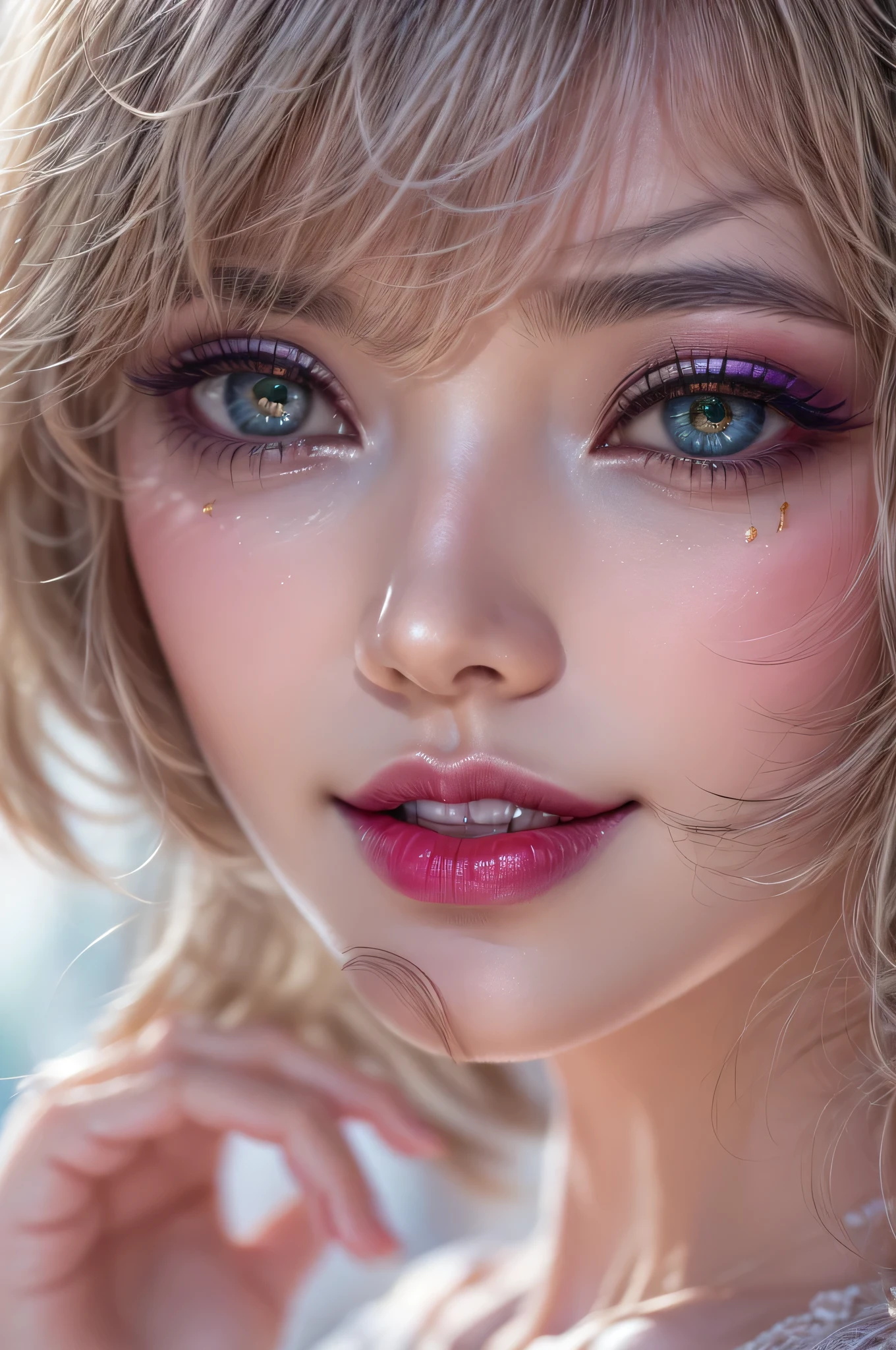 photorealistic Realism 8K, 16K Quality, (ultra absurd quality, extremely detailed detail, hyper resolution, clear sharp focus, not blurry, (perfect round, Realistic brown eyes)), ((perfect dark_eyeshadows)), (super Detailed, beautiful little nose), (perfect composition), Depth of field, cinematic light, Lens flare, (extremely beautiful face, beautiful lips), pink_makeup:1.22, long_blue_eyeliner:1.28, red_lipstick:1.35,(perfect dark_eyeshadows:1.45), (super detailed professional makeup on eyes:1.3), (Detailed nose:1.2), Intricate detail face, best high quality real texture skin, (A woman with velvety skin), ((best high quality real texture hair)), (short blonde hair, (wavy, combed up, behind the ear), extremely detailed)), photo of the most beautiful artwork in the world, professional majestic (photography by Steve McCurry), 8k uhd, dslr, soft lighting, high quality, Fujifilm XT3 sharp focus, f 5.6, dramatic, (Anatomically correct perfect proportions), ((perfect hands:1.2)), ((perfect female body:1.4)), cute girl, ((firm and full breasts)), ((super beautiful cute sharp-face)), (light pale complexion), transparent color pvc ((full-body shiny latex, full colors Brightly outfit, holograph tight latex:1.24)), ((zoom out the camera:1.3))