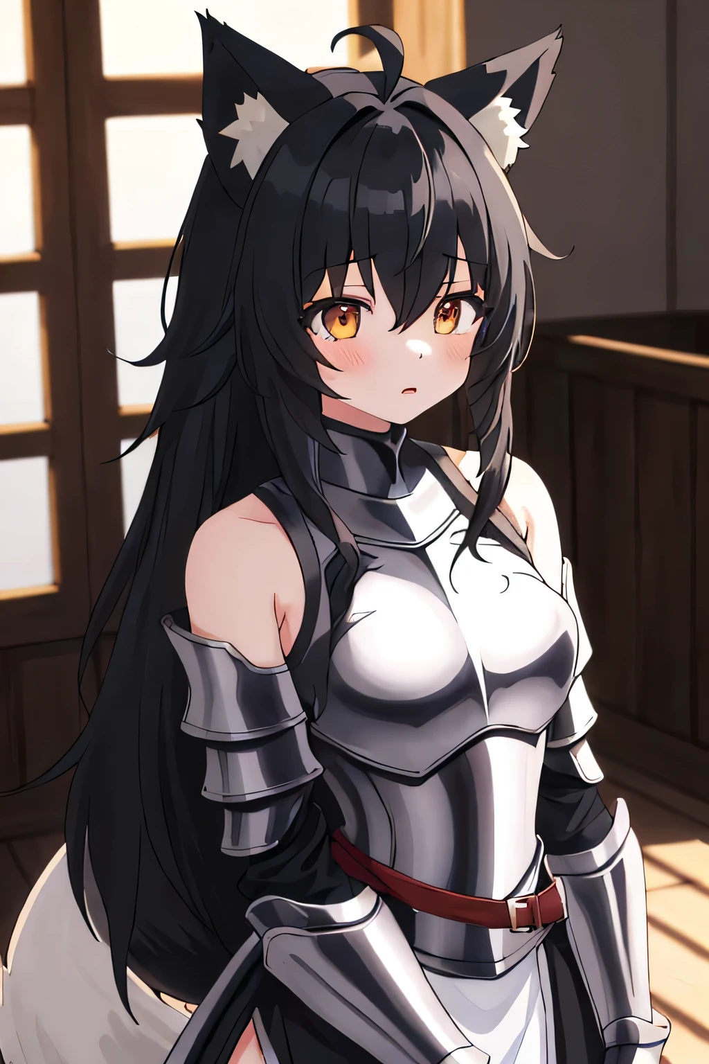 1girl, solo, masterpiece, anime, indoors, dungeon,fighting a dragon, lighty armor, shoulder armor, black hair, long hair, fox ears down, skunk tail, ahoge, hair flaps, shy, hair over eyes,fighting dragon