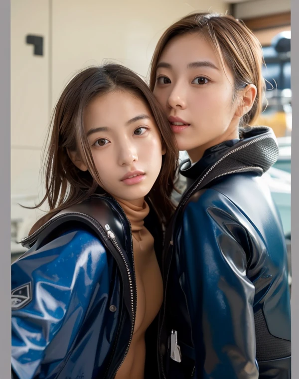 A documentary photo, Photo-realistic, ultra-realistic, (2girls, Japanese beautiful young women, famous Japanese idols, boyish cool faces:1.3), wetlook rubberish azure blue clothes,, they are a military divers of Japan navy, experienced military diver, wearing a professional wetsuits for military divers with professional scuba equipment, they are on a shore, She is preparing to scuba dive for a lifesaving mission, there is a large battle ship behind her,, Natural Makeup, boyish face ,Front View:1.21, Perfect Anatomy:1.21, Small head:1.21, Slender body:1.37, Narrow waist:1.5, Thin limbs:1.5, Flat Chest:1.5, Anatomically correct limbs, Diving Suits warm  wetlook (high smooth turtleneck collar), Fully equipped for diving, Very cute Japanese woman, Brown Hair, Chignon Hair, Calm sea in summer, Dynamic and emotional movie lighting, , Accurate, highest quality, High resolution