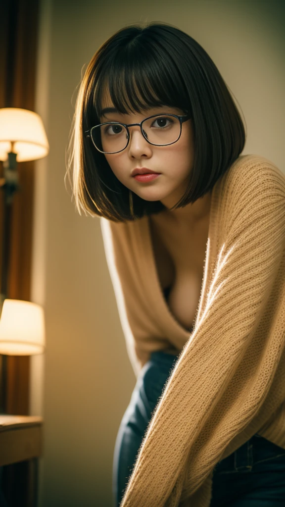 (Best quality, 8k, 32k, Masterpiece, UHD:1.2), (extremely intricate:1.3), (photorealistic:1.4), 18 years old Japanese, geek glasses, waifu, very short bob hair, POV, oversized sweater, downblouse, (leaning forward:1.3), necklace, bedroom, from below, looking at the viewer, cinematic lighting, soft focus