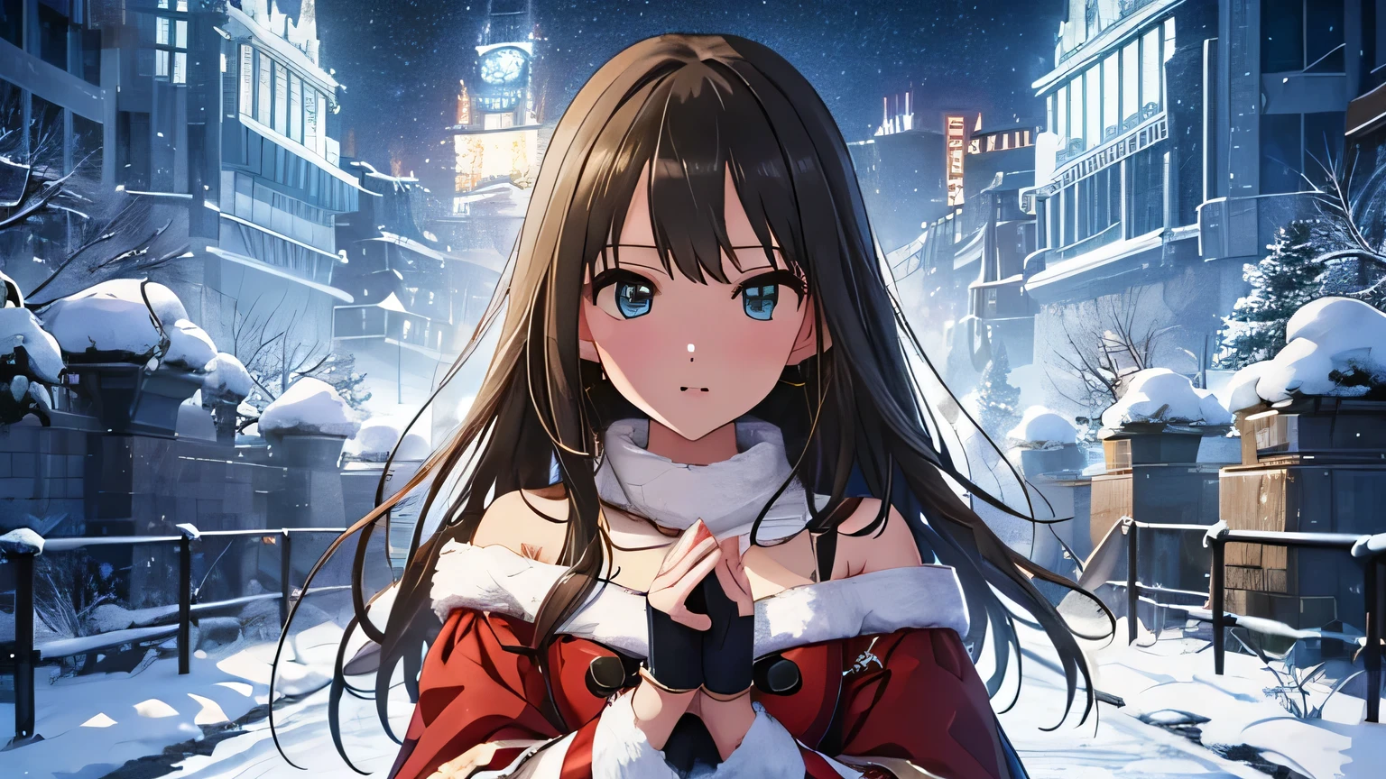  top quality、masterpiece、 Details、Shibuya Rin、((Santa、Santa帽))、prayer、 face focus、 snow is falling 、 fantasy 、 Jessica Biel 