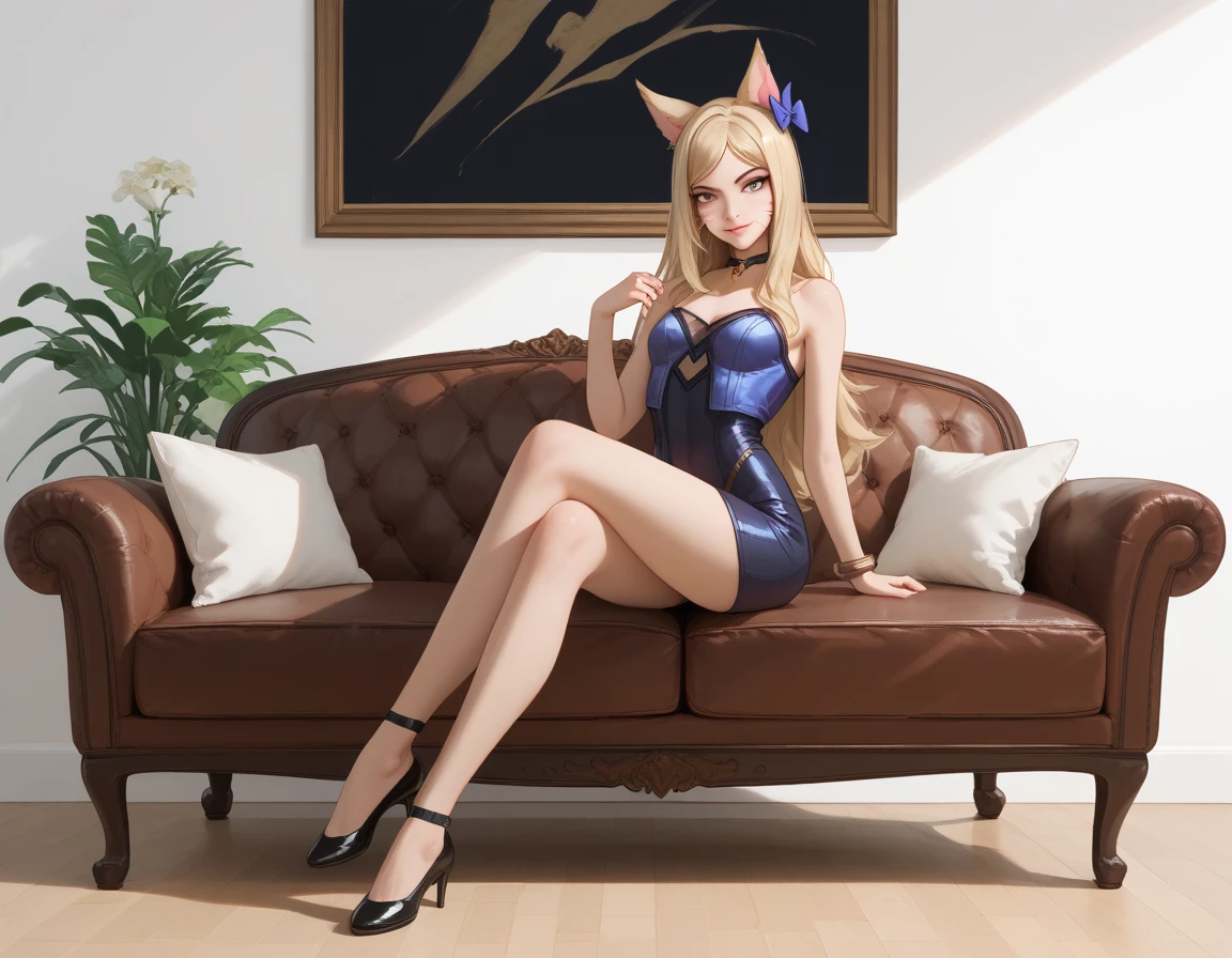 ((Full body photo, standing, feet on the ground))Ahri LoL Pony, 1girl, woman,  masterpiece, best quality, (sitting on couch, legs crossed), highly detailed, score_9, score_8_up, score_7_up, score_6_up, anime font, BREAK, alone, long hair, blue eyes, flower, small breasts, bow, looking at viewer, freckles, parted lips, smile, full body, red lips, lips, leather ballet shoes, side shot, She looks at you, fishnets, white background, neutral cast