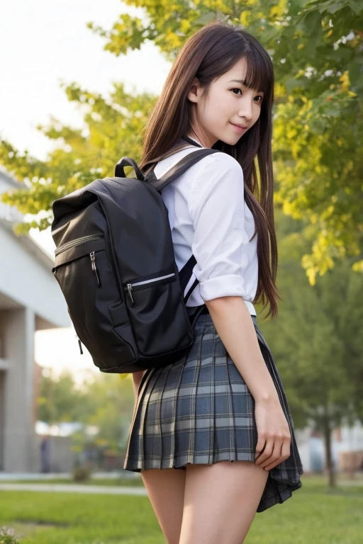 ( back view:1.3), semi-long hair、女子 College Student 、 high school uniform 、 College Student 、 skirt、( skirtが捲れる:1.25)、 rucksack、黒いカジュアルな rucksack、( skirtが上がる、 rucksackに skirtが挟まる:1.4),Skirt is sandwiched between 、 panties visible), Beautiful Legs 、Beautiful thighs、 beautiful skin in NFSW、 、 Photorealistic、 anatomically correct、( skirtが捲くれる:1.64)、( skirtの裾が鞄に食い込む:1.4)、( Satin Panties)