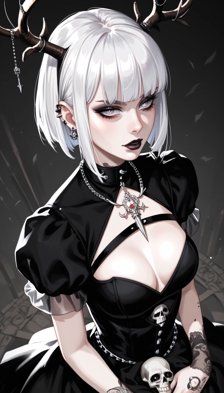  score_4_above,  goth girl ,  ornate black dress , antlers,  White hair with bangs, Ojos rojos, pale skin, Naturaleza, (exceptional composition ), (Dark tones), skulls around 