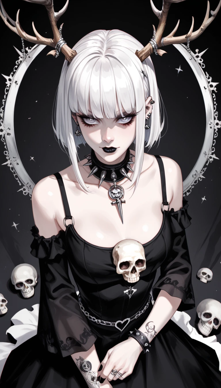  score_4_above,  goth girl ,  ornate black dress , antlers,  White hair with bangs, Ojos rojos, pale skin, Naturaleza, (exceptional composition ), (Dark tones), skulls around 