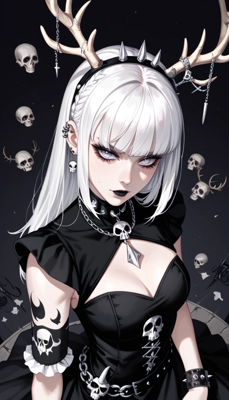  score_4_above,  goth girl ,  ornate black dress , antlers,  White hair with bangs, Ojos rojos, pale skin, Naturaleza, (exceptional composition ), (Dark tones), skulls around 