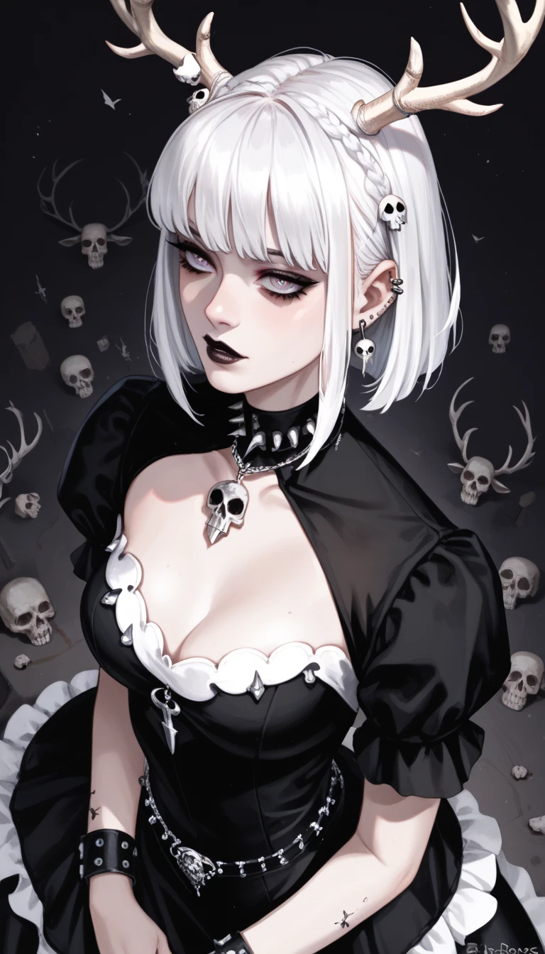  score_4_above,  goth girl ,  ornate black dress , antlers,  White hair with bangs, Ojos rojos, pale skin, Naturaleza, (exceptional composition ), (Dark tones), skulls around 