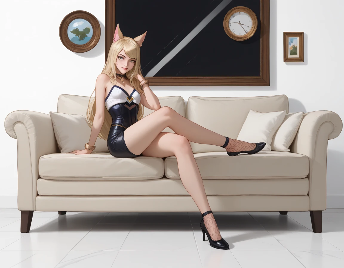 ((Full body photo, standing, feet on the ground))Ahri LoL Pony, 1girl, woman,  masterpiece, best quality, (sitting on couch, legs crossed), highly detailed, score_9, score_8_up, score_7_up, score_6_up, anime font, BREAK, alone, long hair, blue eyes, flower, small breasts, bow, looking at viewer, freckles, parted lips, smile, full body, red lips, lips, leather ballet shoes, side shot, She looks at you, fishnets, white background, neutral cast