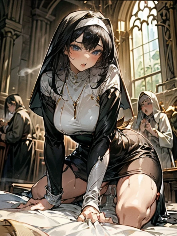 ((2woman, Boy's banana)),Blowjob, handjob , sweat, ((nun)), looking down, extreme depiction, saliva dripping from the mouth, breathing, church room, wetting the two, steam, Blake ,Professional Illustration ,Very detailed, Dynamic Angle, ((Perfect hands)), Smooth, lustrous skin, Thin Hair, Beautiful Eyes, Great background,Cinema Lighting, Ray Tracing, Sacred Light, perspective highest quality,very detailed, dynamic angle, ((perfect hands)), detailed shiny skin, thin hair, fine eyes),meaningful background,artistic overlay,The style is surrealism, cinematic lighting, ray tracing,sacred light, perspective,Blake,((obscene pose,obscene body)),(Despicable expressions)