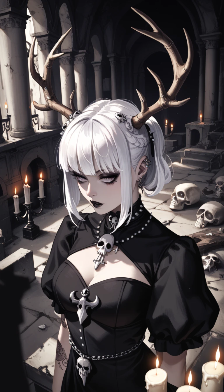  score_4_above,  goth girl ,  ornate black dress , antlers,  White hair with bangs, Ojos rojos, pale skin, Naturaleza, (exceptional composition ), (Dark tones), skulls around , candles, (ruins background )