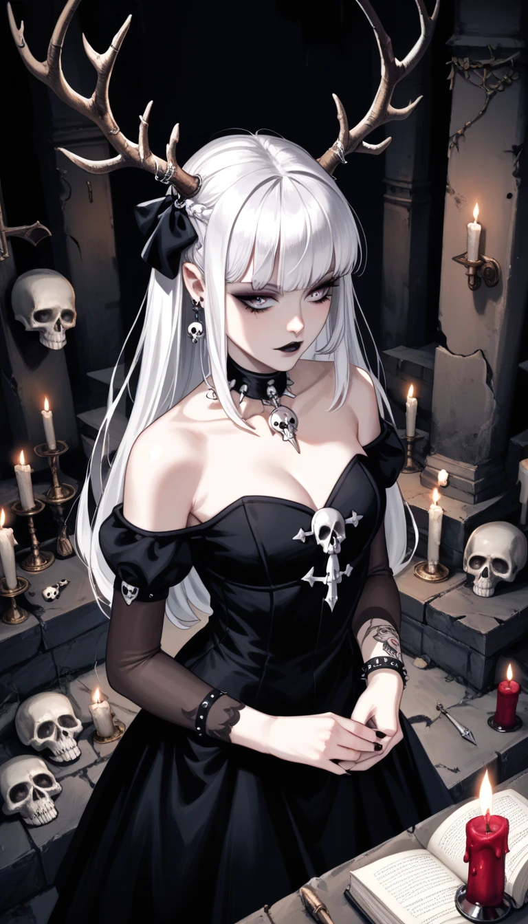  score_4_above,  goth girl ,  ornate black dress , antlers,  White hair with bangs, Ojos rojos, pale skin, Naturaleza, (exceptional composition ), (Dark tones), skulls around , candles, (ruins background )